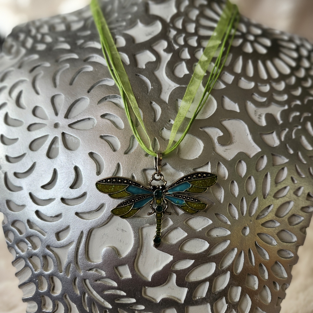 Dragonfly Pendant Necklace with Green Ribbon